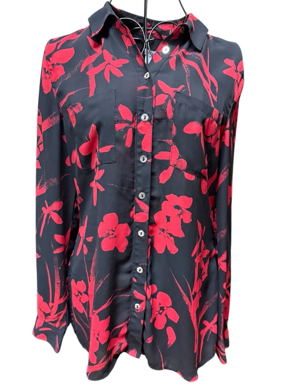 Guess Black Button-Down Blouse with Red Floral Print Small